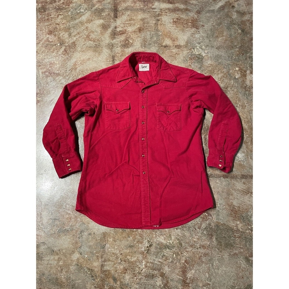 Vintage Lee USA Western Wear Red Pearl Snap Extra Long Tails 70s 80s Sz L/XL *‎
